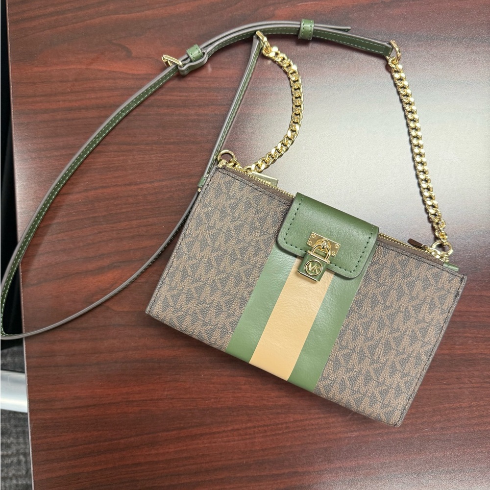 Michael Kors Green and Tan Crossbody Bag